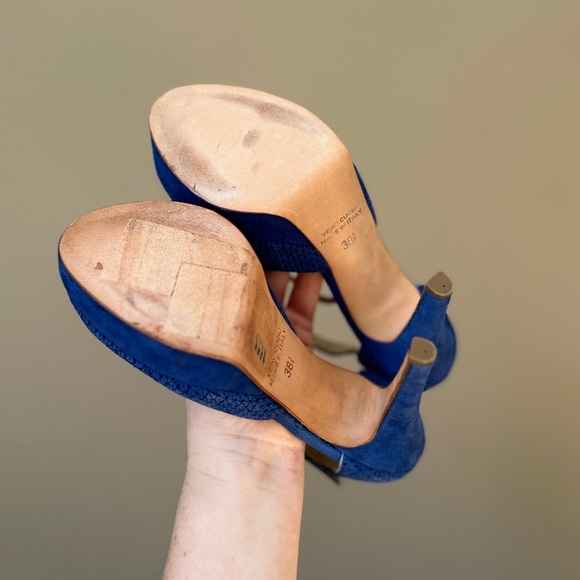 Blugirl Blumarine Textured Blue Suede Platform T-Strap Sandals Size 7.5 (38.5) - Picture 5 of 6